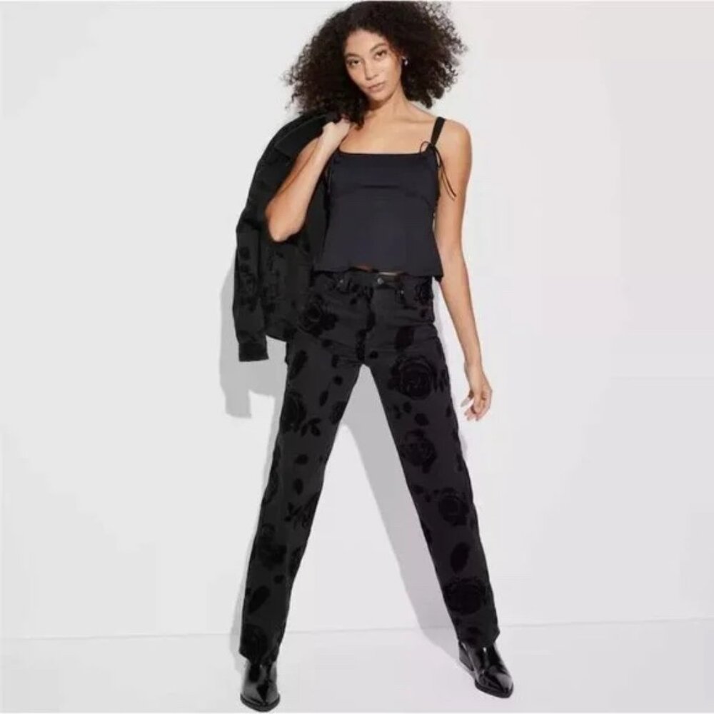Wild Fable Jeans, Black Floral Flocked High Rise Straight Leg NWT - Picture 2 of 4